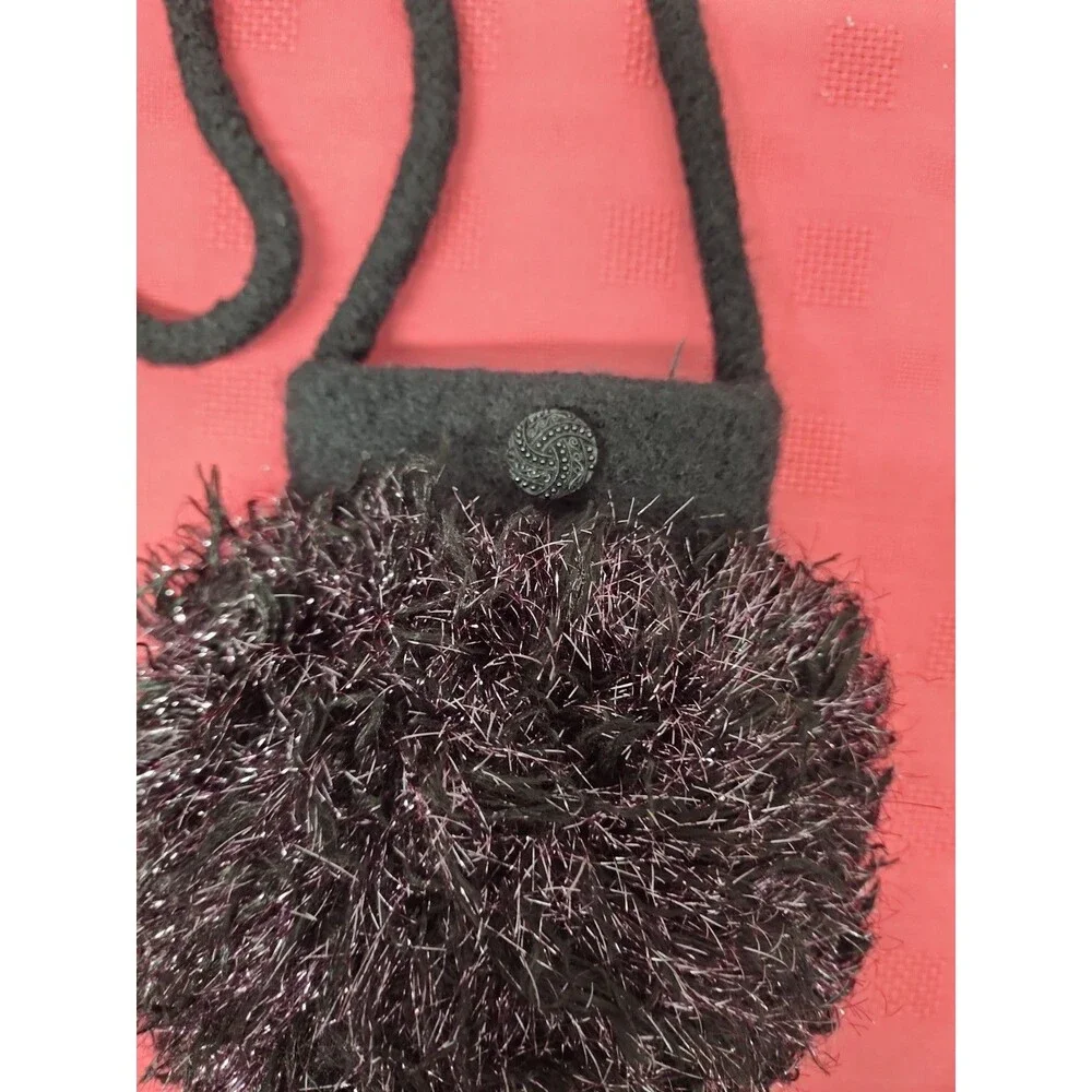 Artisan Handmade Black Felted Wool And Tinsel Yarn Evening Bag Round Drop Handle